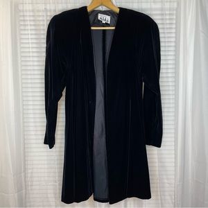 Vintage Velvet Open Front Longline Overcoat Shoulder Pads Black Small